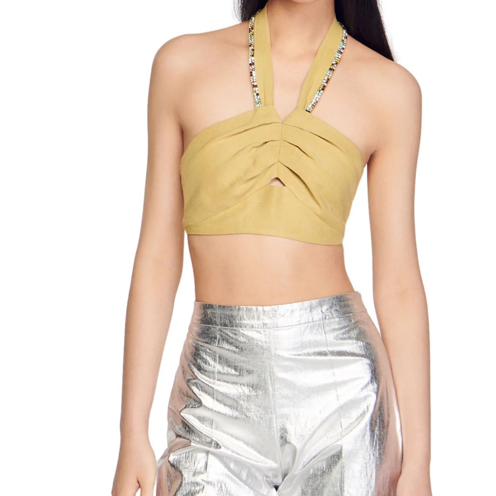 Sandro Olive Halter Crop Top with Sparkling Straps